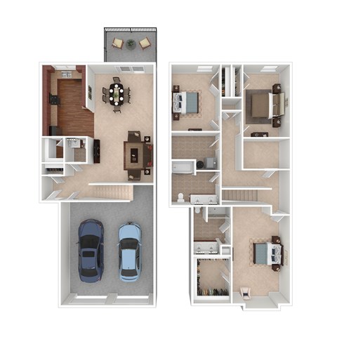 A floor plan of a house with two bedrooms, two bathrooms, a living room, a kitchen, and a garage.
